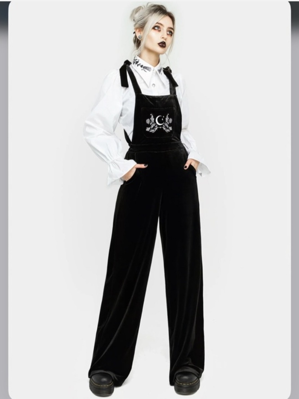 Disturbia Black Velvet Embroidered Crescent Moon Bib Wide-Leg Overalls